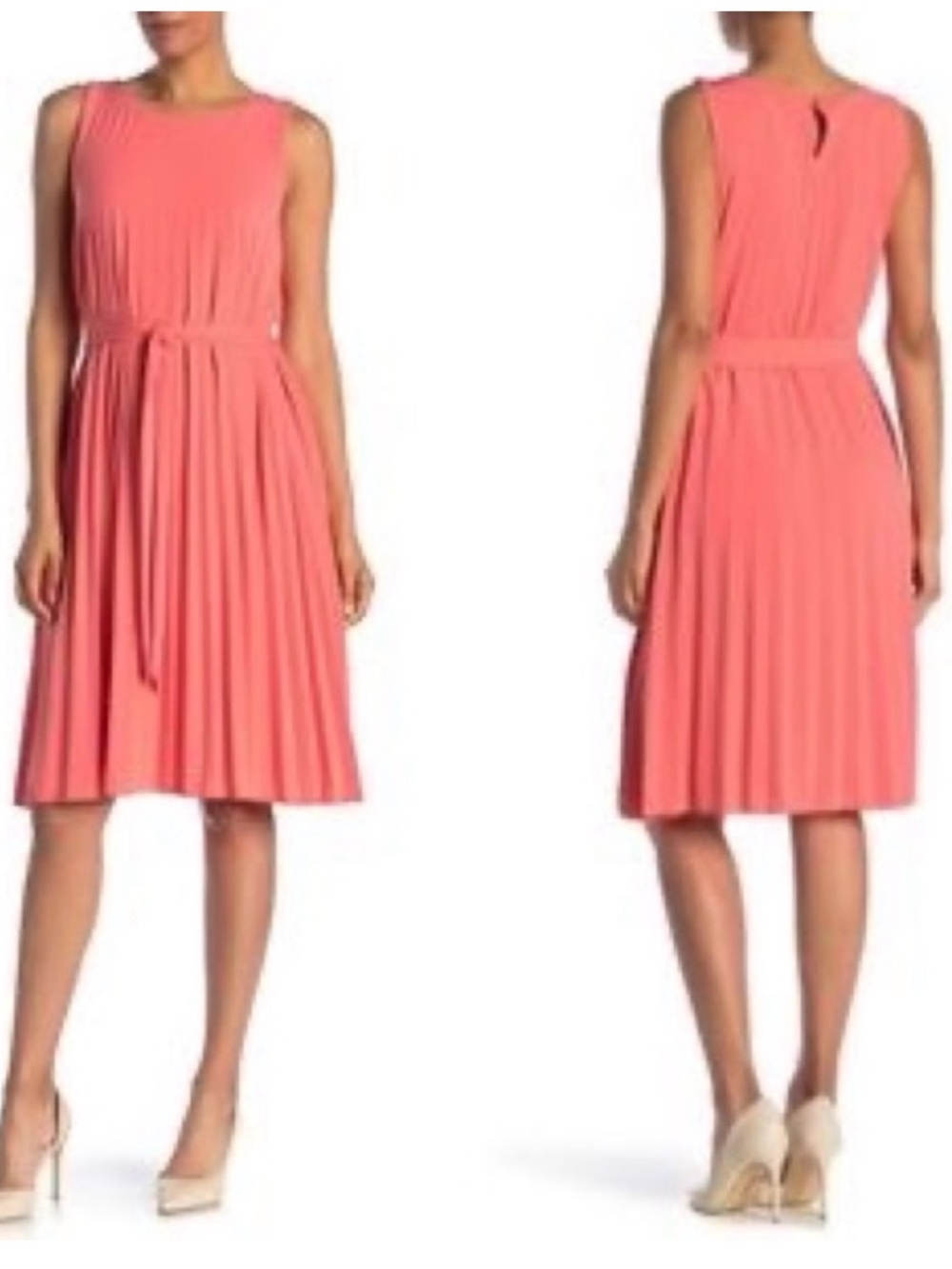 Tahari Coral Sleeveless Pleated Knee-Length Dress with Waist Tie Size S